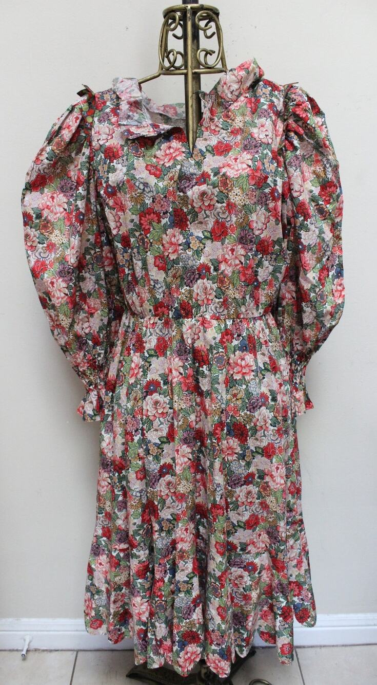 Horror Vacui Collia Colorful Floral Puff Sleeve Scallop Midi Dress Size Large